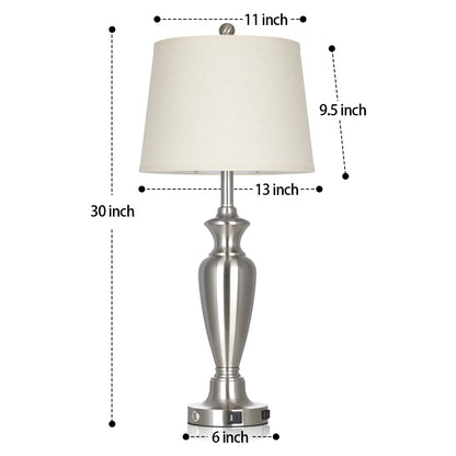 30‘’ Modern Silver Table Lamp with Oatmeal Linen Shade, USB/Type-C Charging & Touch Dimmer(Set of 2)