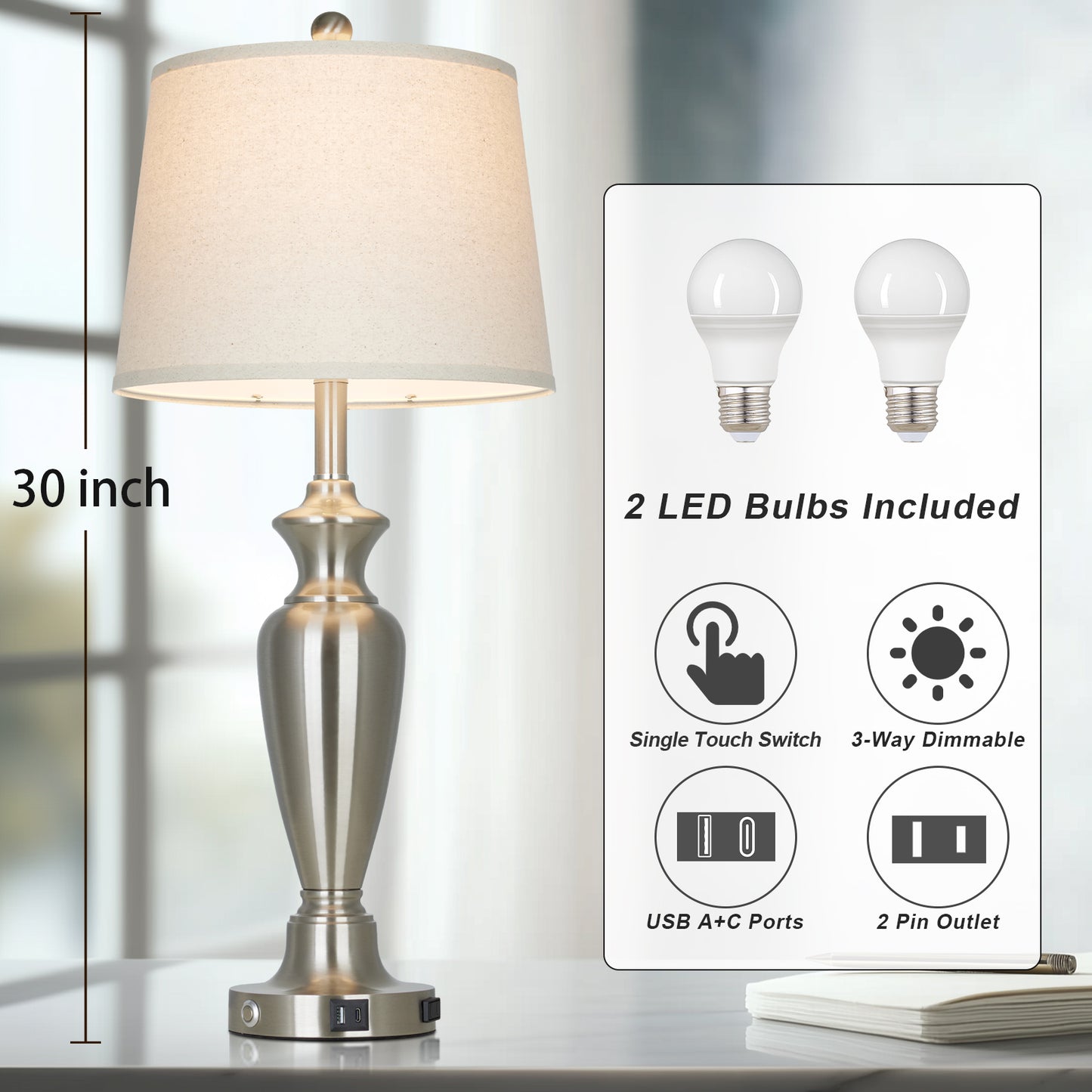 30‘’ Modern Silver Table Lamp with Oatmeal Linen Shade, USB/Type-C Charging & Touch Dimmer(Set of 2)