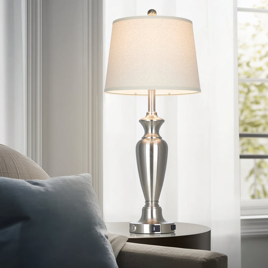 30‘’ Modern Silver Table Lamp with Oatmeal Linen Shade, USB/Type-C Charging & Touch Dimmer(Set of 2)