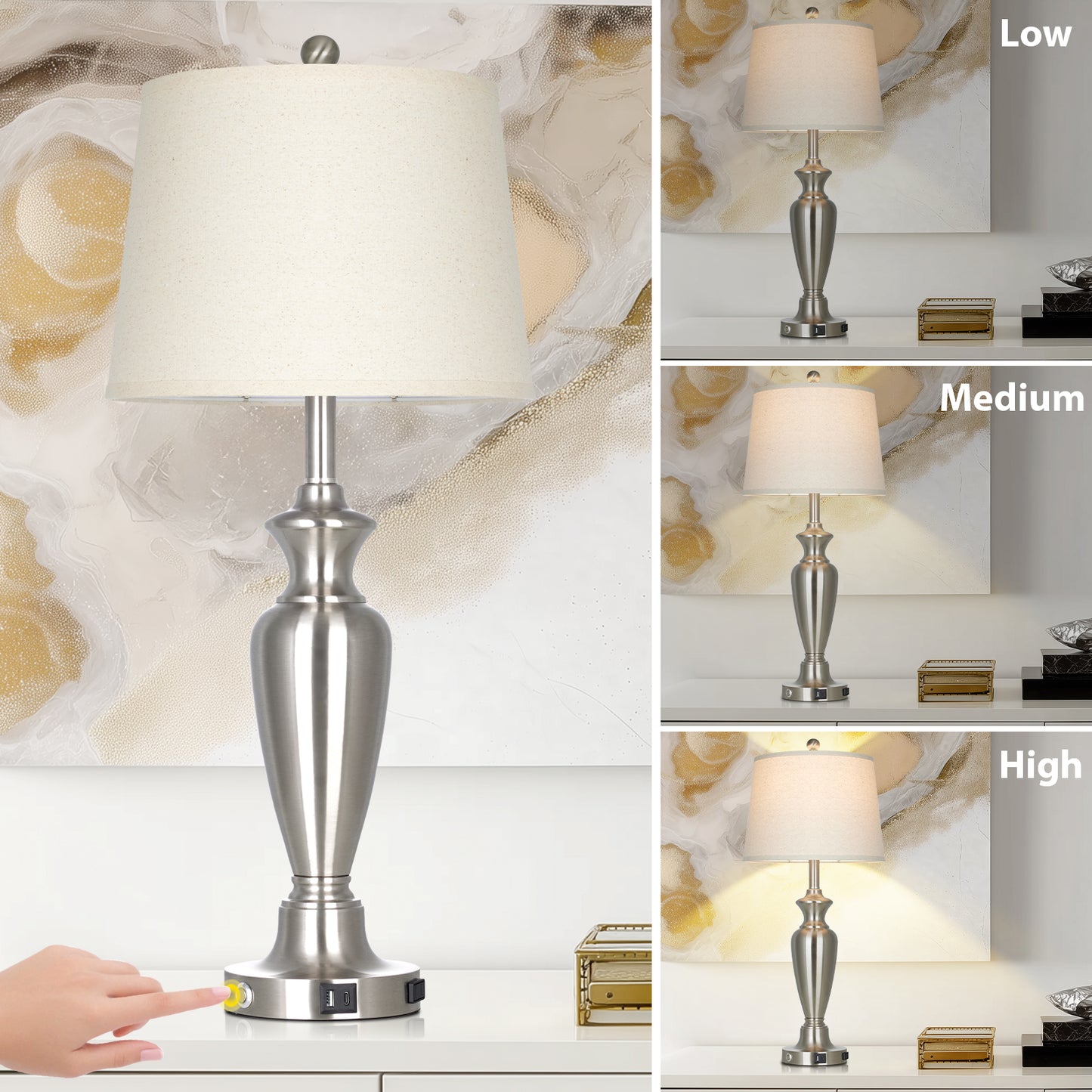 30‘’ Modern Silver Table Lamp with Oatmeal Linen Shade, USB/Type-C Charging & Touch Dimmer(Set of 2)