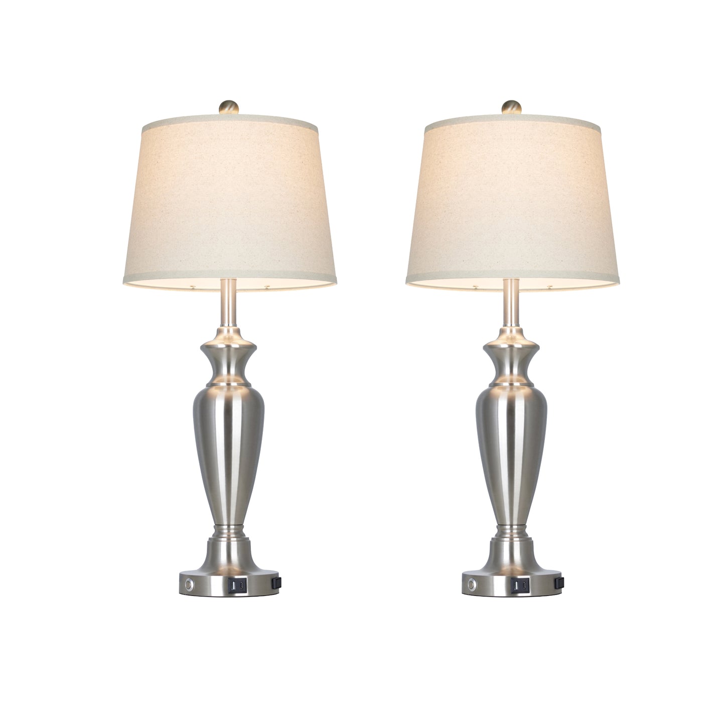 30‘’ Modern Silver Table Lamp with Oatmeal Linen Shade, USB/Type-C Charging & Touch Dimmer(Set of 2)