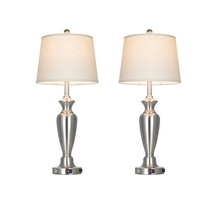 30‘’ Modern Silver Table Lamp with Oatmeal Linen Shade, USB/Type-C Charging & Touch Dimmer(Set of 2)