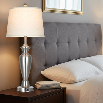 30‘’ Modern Silver Table Lamp with Oatmeal Linen Shade, USB/Type-C Charging & Touch Dimmer(Set of 2)