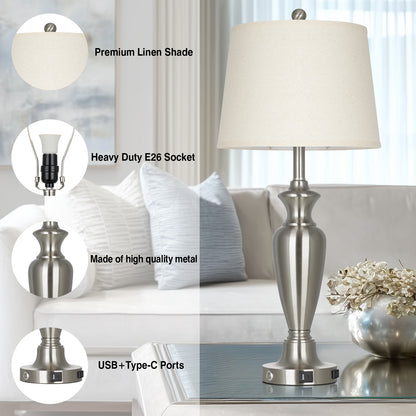 30‘’ Modern Silver Table Lamp with Oatmeal Linen Shade, USB/Type-C Charging & Touch Dimmer(Set of 2)