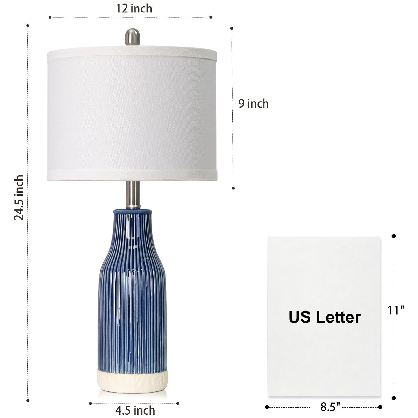 Cinkeda 24.5" Royal Blue Ceramic Table Lamps Set of 2, 2-Level Rotary Switch Bedside Nightstand Lamps with Bottle-Shaped Vertical Ribbed Design & Nickel Base for Living Room