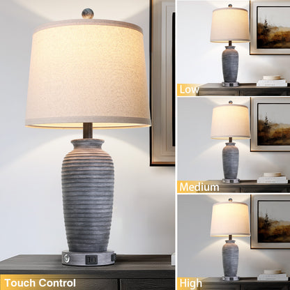 Cinkeda 25" Antique Black Resin Table Lamps Set of 2, 3-Level Touch Control Bedside Nightstand Lamps with USB & Type-C Ports, AC Outlet for Living Room