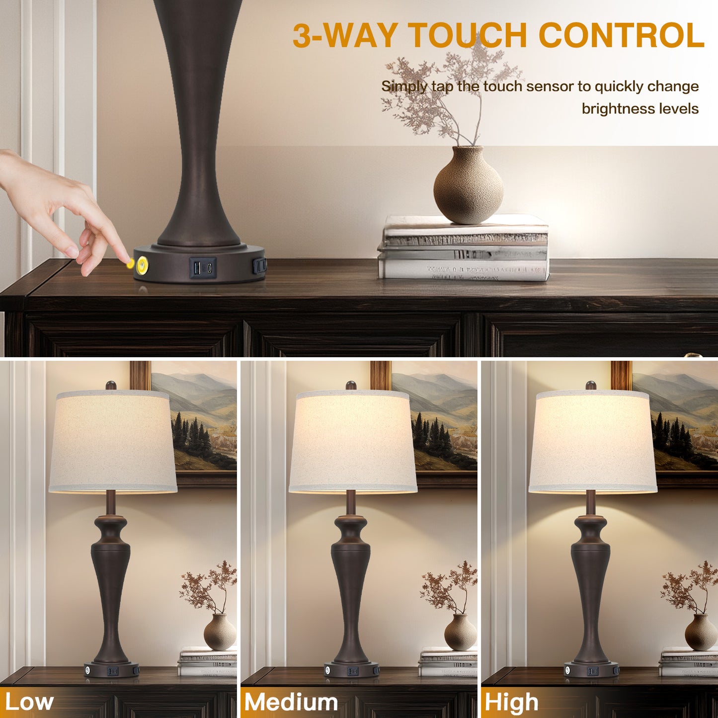 30" Classic Table Lamp, Coffee Base with USB/Type-C & AC Outlet, Linen Shade, E26 Dimmable LED Bulb Included, 3-Way Touch Switch for Bedroom/Living Room(Set of 2)（副本）
