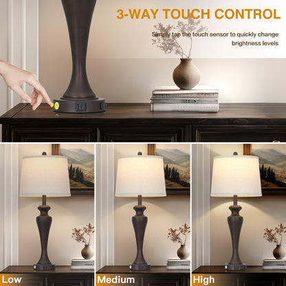 30" Classic Table Lamp, Coffee Base with USB/Type-C & AC Outlet, Linen Shade, E26 Dimmable LED Bulb Included, 3-Way Touch Switch for Bedroom/Living Room(Set of 2)（副本）