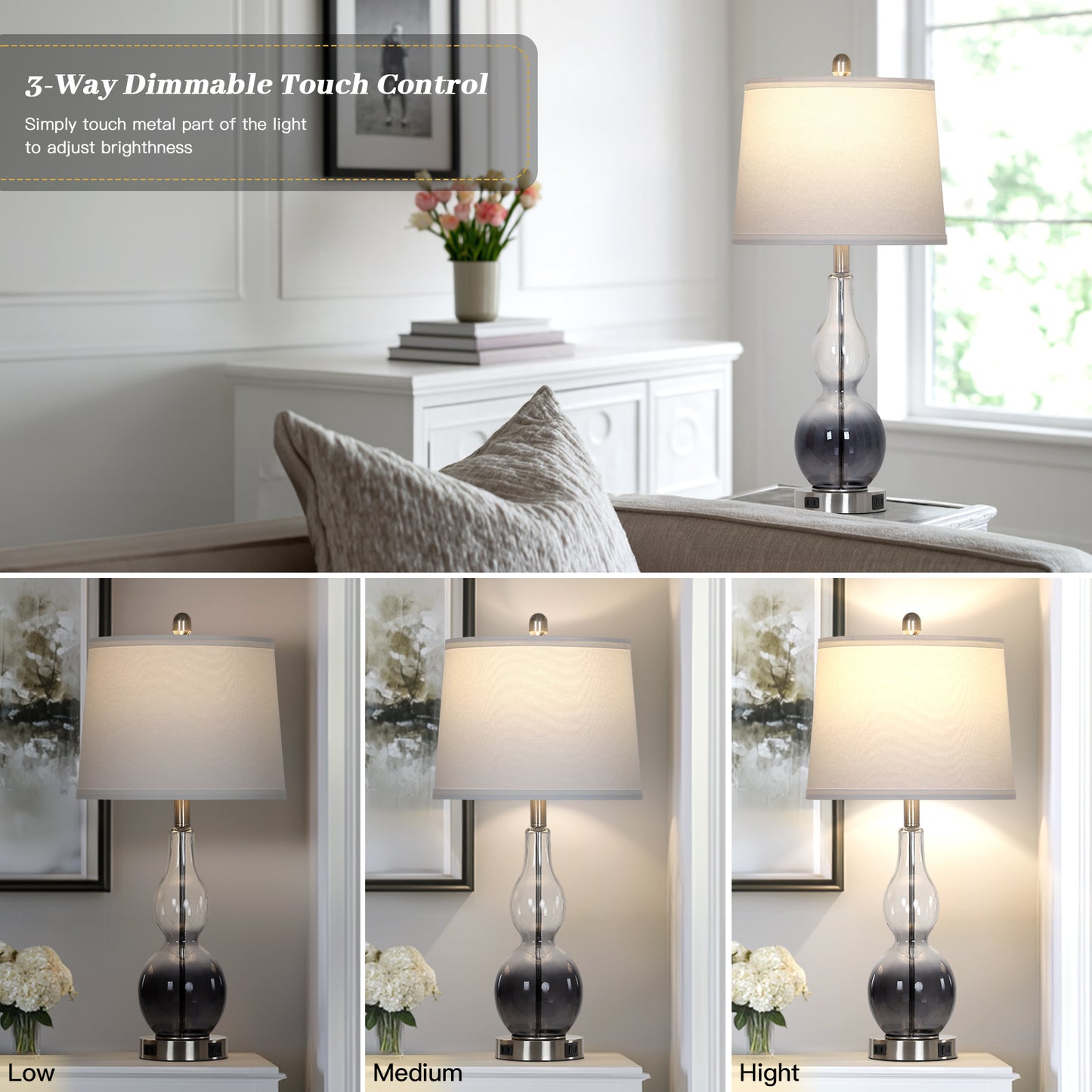 Cinkeda 28" Gradual Gray Glass Table Lamps Set of 2, 3-Way Touch Dimmable with USB Ports & AC Outlet, Modern Bedside Lamps for Bedroom Living Room