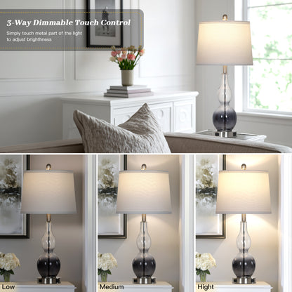 Cinkeda 28" Gradual Gray Glass Table Lamps Set of 2, 3-Way Touch Dimmable with USB Ports & AC Outlet, Modern Bedside Lamps for Bedroom Living Room