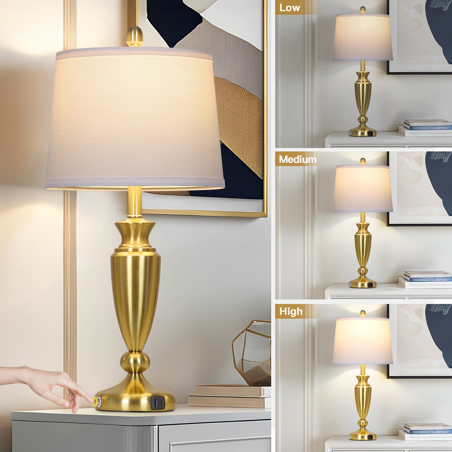 Cinkeda Table Lamps Set of 2 for Bedroom Living Room 27" Tall Gold Industrial Bedside Lamp with USB +C Charging Ports Modern 3-Way Dimmable Touch Control Nightstand Lamp