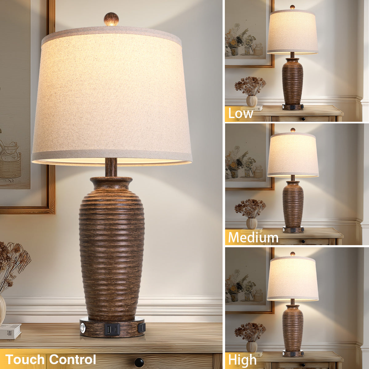 Cinkeda 25" Brown Resin Table Lamps Set of 2, 3-Level Touch Control Bedside Nightstand Lamps with USB & Type-C Ports, AC Outlet for Living Room