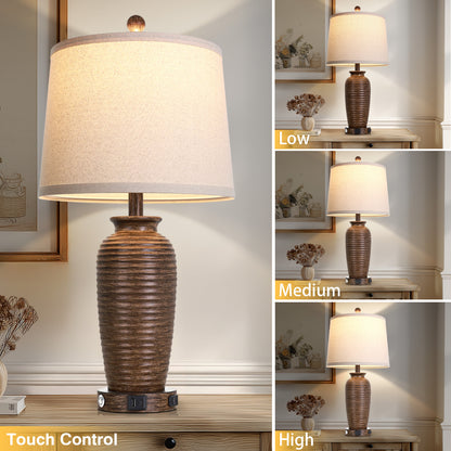 Cinkeda 25" Brown Resin Table Lamps Set of 2, 3-Level Touch Control Bedside Nightstand Lamps with USB & Type-C Ports, AC Outlet for Living Room