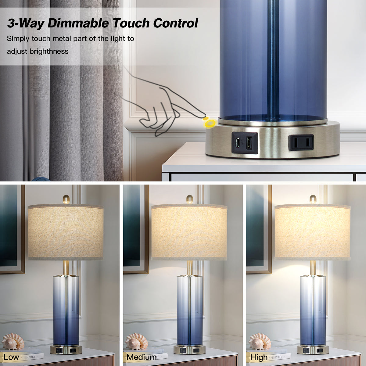 Cinkeda 26" Blue Gradient Glass Table Lamps Set of 2, 3-Level Touch Control Bedside Nightstand Lamps with USB & Type-C Ports, AC Outlet for Living Room
