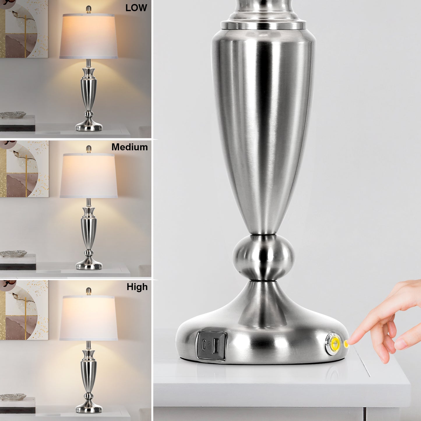 Cinkeda Table Lamps Set of 2 for Bedroom Living Room 27" Tall Silver Industrial Bedside Lamp with USB +C Charging Ports Modern 3-Way Dimmable Touch Control Nightstand Lamp