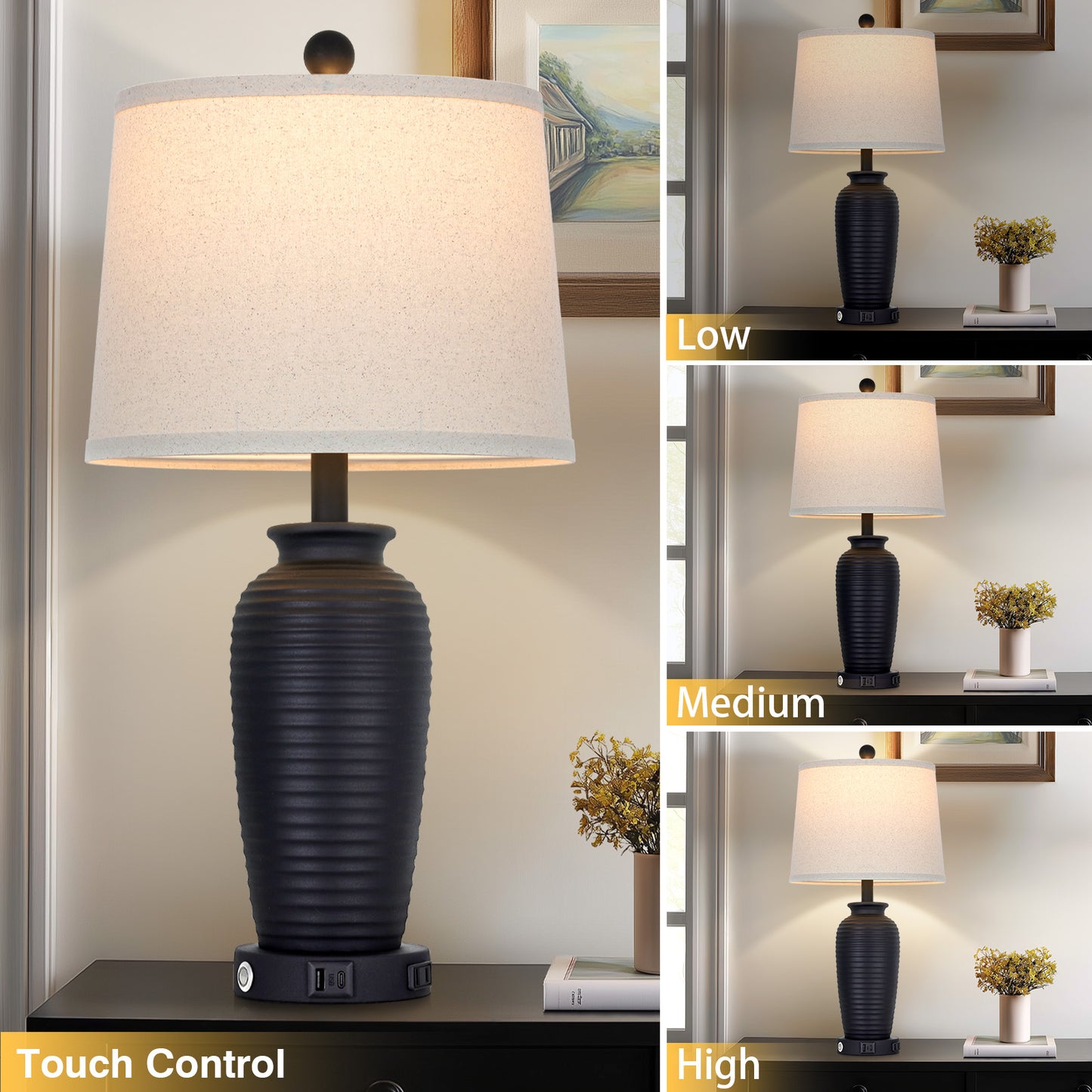 Cinkeda 25" Touch Control Table Lamp, Black Sand-Textured Resin Body with Oatmeal Linen Shade, USB-C & AC Outlet, 3-Level Dimmable, Dimmable LED Bulb Included for Bedroom