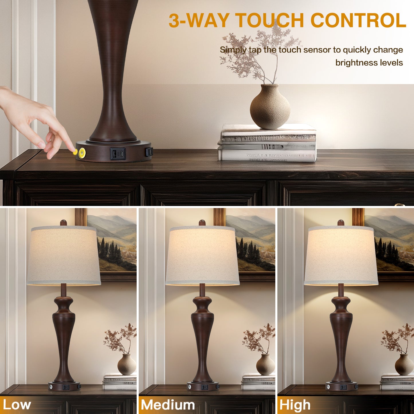 30" Classic Table Lamp, Brown Base with USB/Type-C & AC Outlet, Linen Shade, E26 Dimmable LED Bulb Included, 3-Way Touch Switch for Bedroom/Living Room(Set of 2)（副本）（副本）