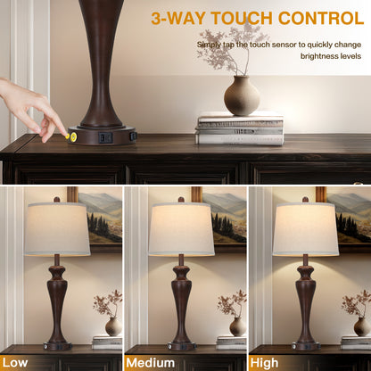 30" Classic Table Lamp, Brown Base with USB/Type-C & AC Outlet, Linen Shade, E26 Dimmable LED Bulb Included, 3-Way Touch Switch for Bedroom/Living Room(Set of 2)（副本）（副本）