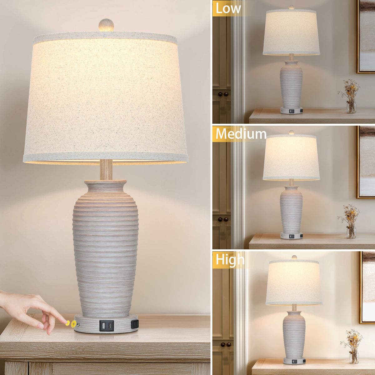 Cinkeda 25" Touch Control Table Lamp, Light Gray Resin Jar Body with Oatmeal Linen Shade, USB-C & AC Outlet, 3-Level Dimmable, Dimmable LED Bulb Included for Bedroom