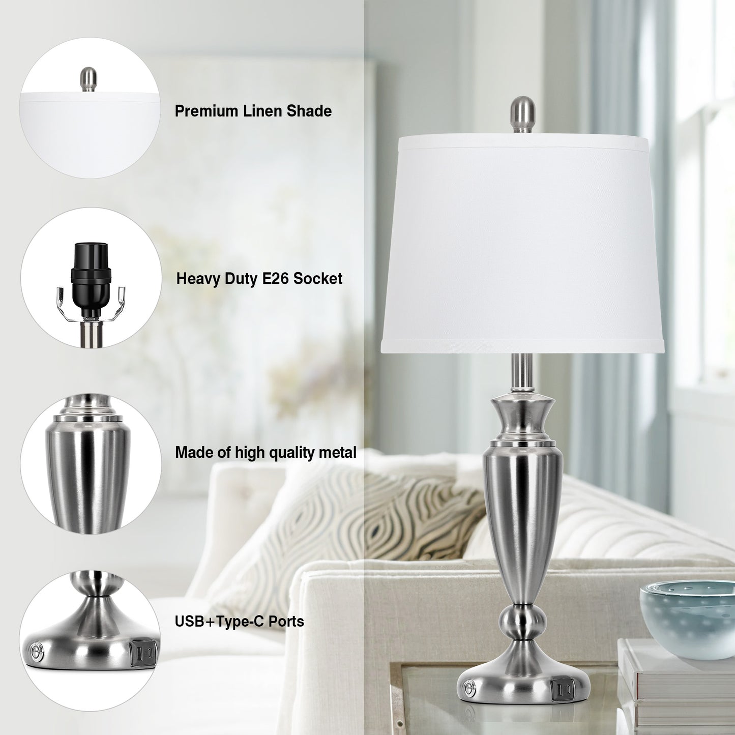 Cinkeda Table Lamps Set of 2 for Bedroom Living Room 27" Tall Silver Industrial Bedside Lamp with USB +C Charging Ports Modern 3-Way Dimmable Touch Control Nightstand Lamp