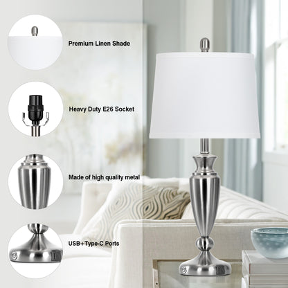 Cinkeda Table Lamps Set of 2 for Bedroom Living Room 27" Tall Silver Industrial Bedside Lamp with USB +C Charging Ports Modern 3-Way Dimmable Touch Control Nightstand Lamp