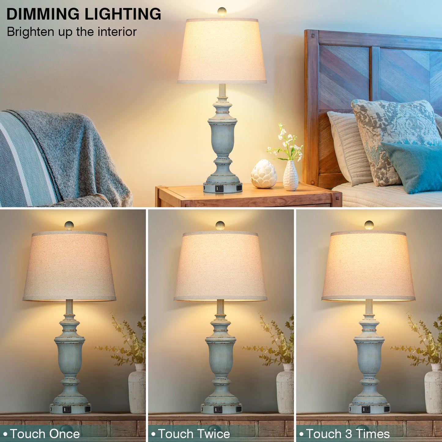 Blue resin tilted drum shade table lamps with a 3 - way touch dimming switch, USB Type - C charging ports and an AC outlet (Set of 2)