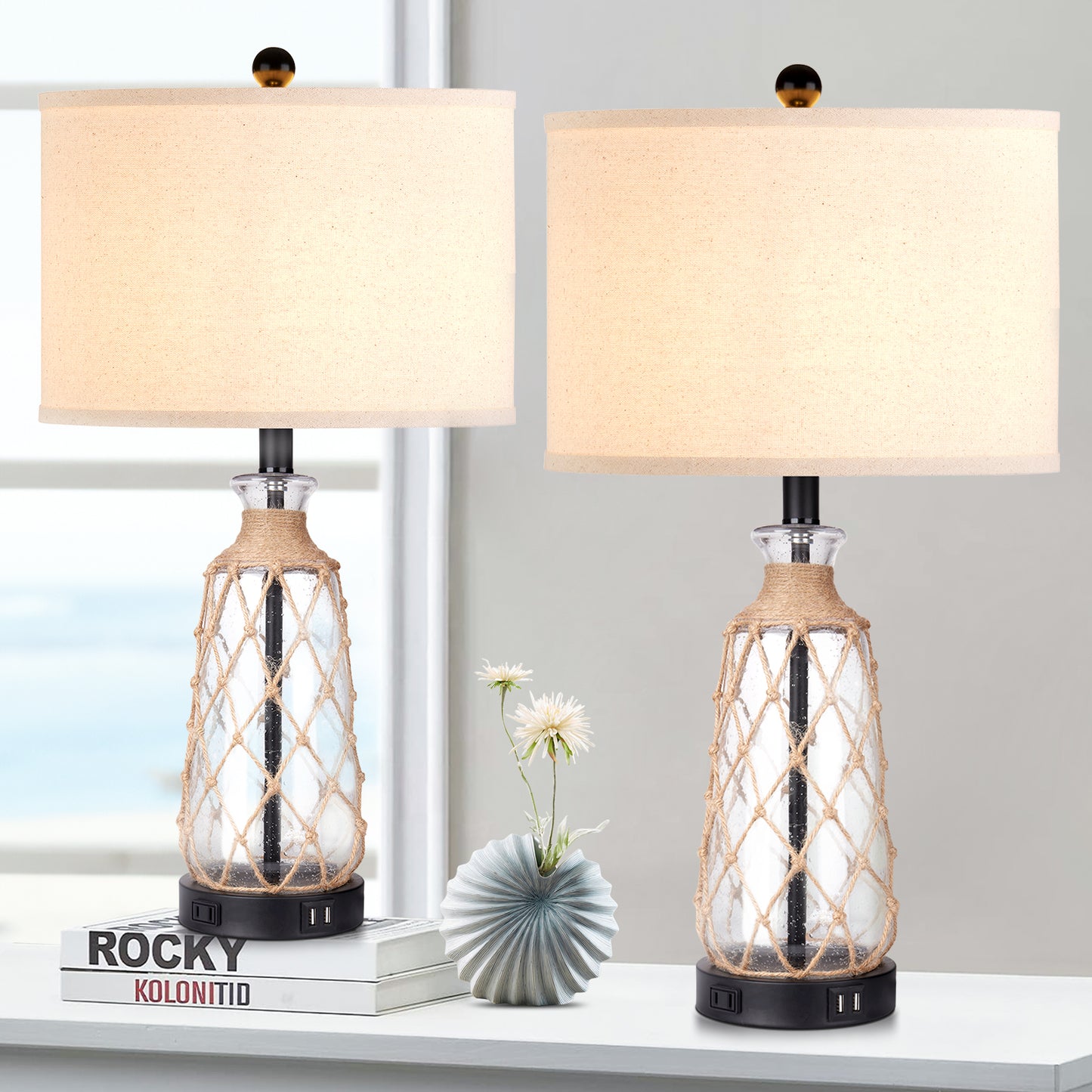 Cinkeda Coastal Table Lamps Set of 2 with USB Ports AC Outlet 3 Way Dimmable Touch Control Bedside Lamp 25" Black Nautical Clear Glass Rattan Nightstand Lamp for Bedroom Living Room