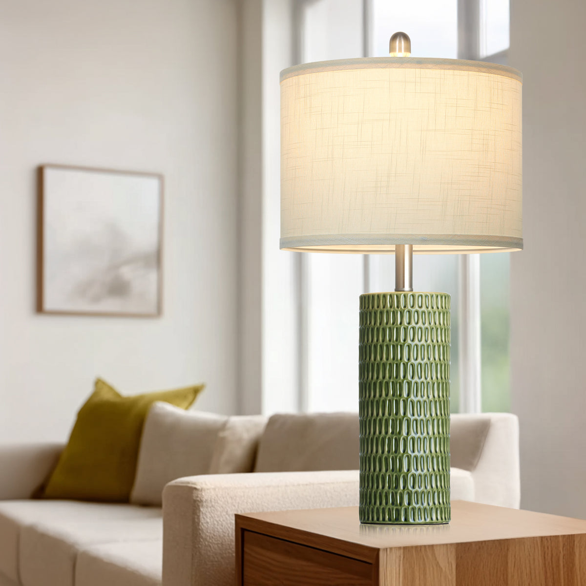 Cinkeda 26.5" Green Ceramic Table Lamps Set of 2, 2-Level Rotary Switch Bedside Lamps with Carved Bamboo Texture & Nickel Base for Living Room