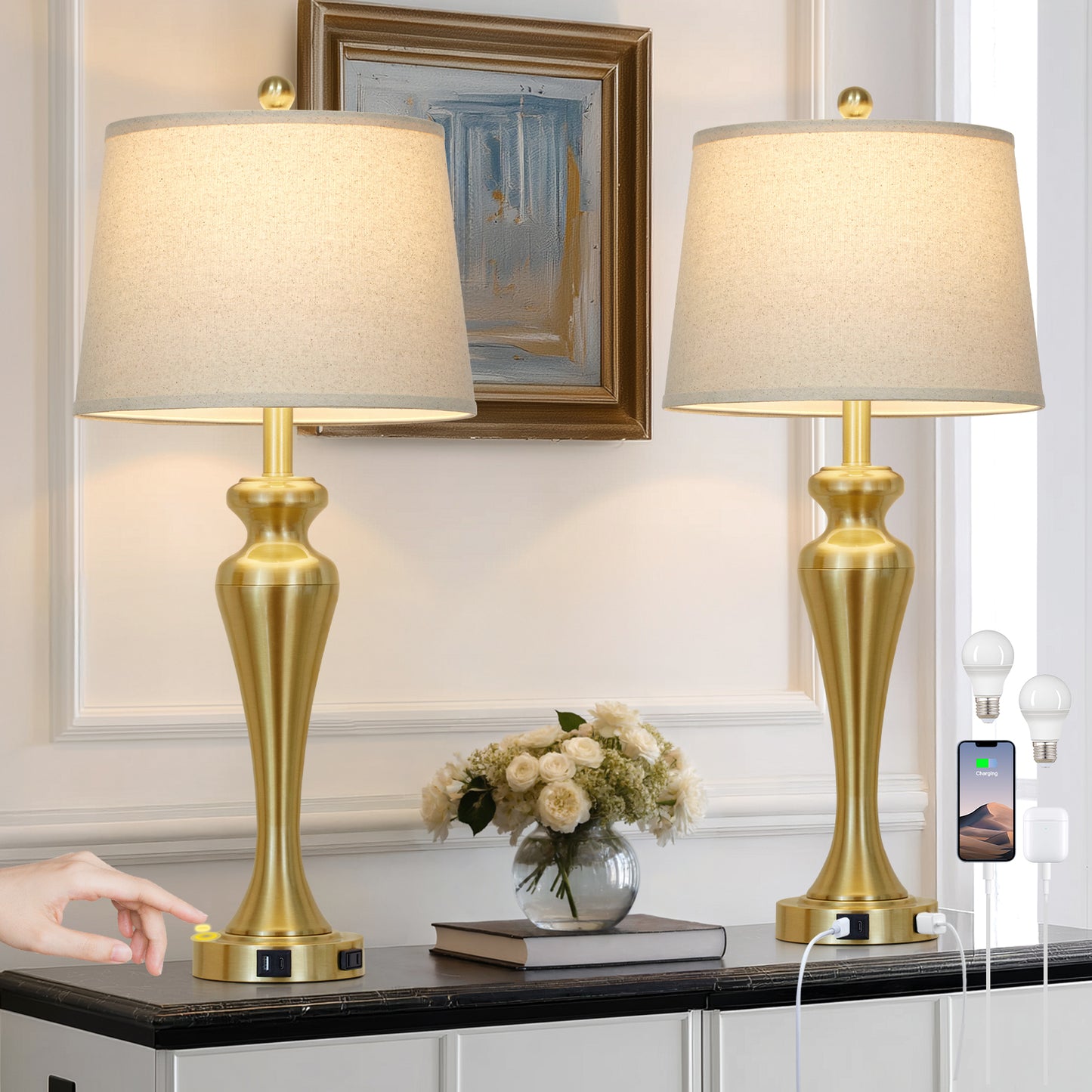 Modern Golden Table Lamp with USB-C & AC Outlet, Touch Control, and LED Bulb(Set of 2)