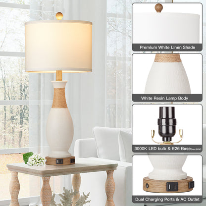 White Resin Table Lamp with Gooseneck, Touch Dimming, USB & Type C Ports, AC Outlet, No Strobe (Set of 2)