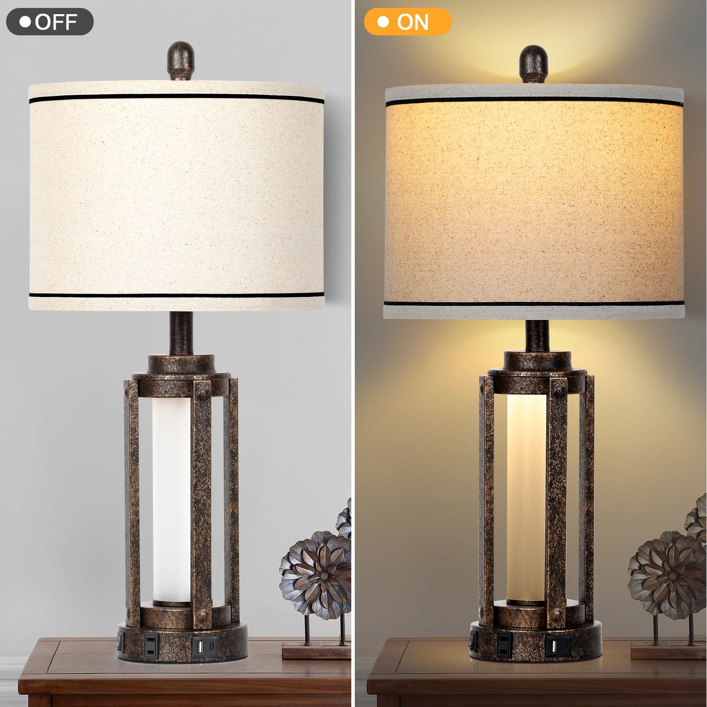 Black Gold Matte Metal Table Lamp with Roman-Cylinder Glass 2-in-1 Nightlight (Set of 2)