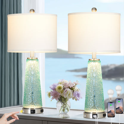 Cinkeda 26" Blue Speckled Glass Table Lamps Set of 2, Modern Touch Control Table Lamp with USB A+C Charging Ports, Nightstand Lamp for Bedroom Living Room Decor