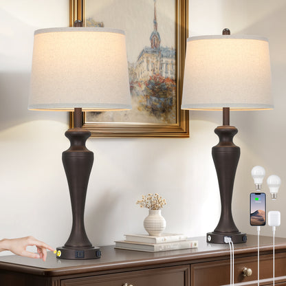 30" Classic Table Lamp, Coffee Base with USB/Type-C & AC Outlet, Linen Shade, E26 Dimmable LED Bulb Included, 3-Way Touch Switch for Bedroom/Living Room(Set of 2)（副本）