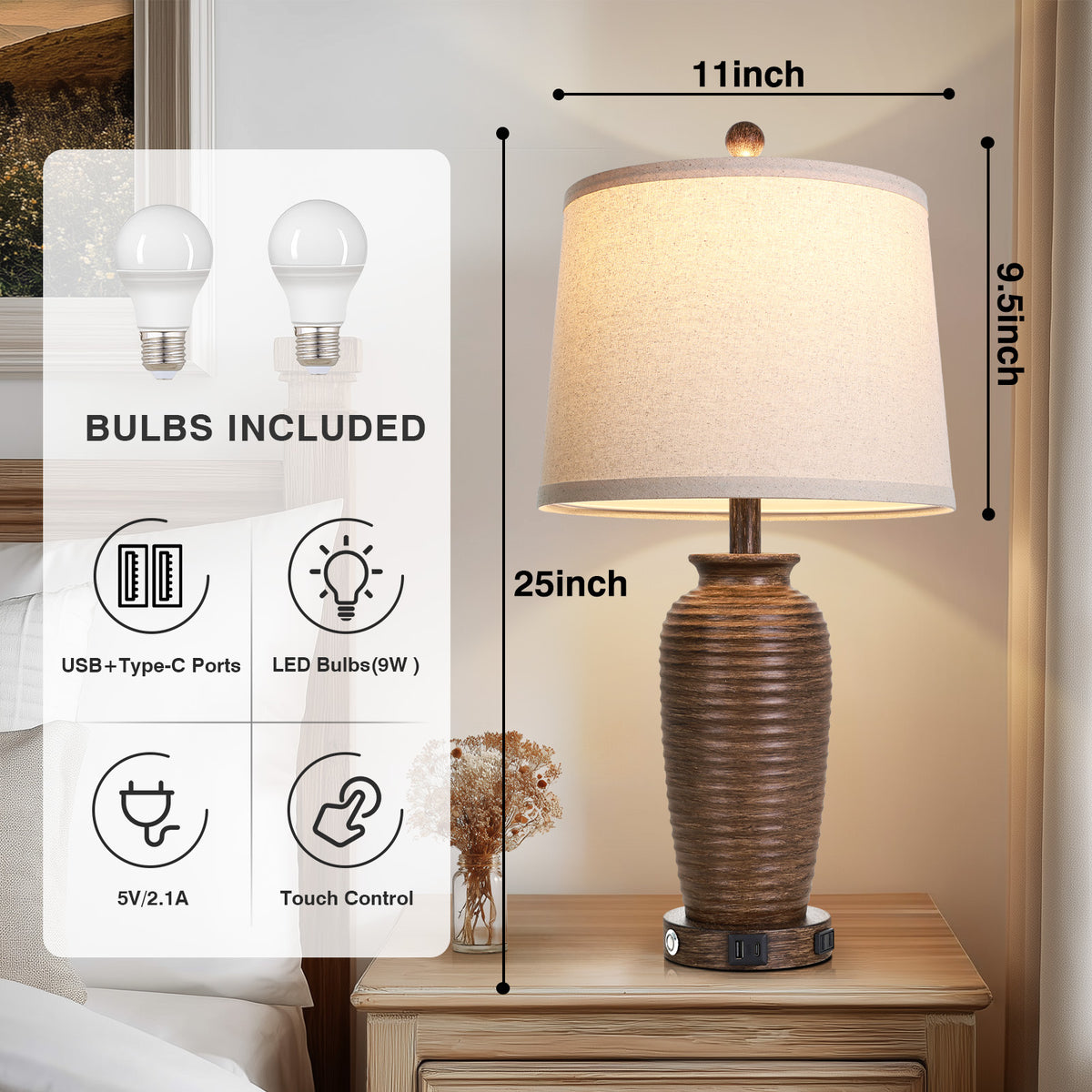 Cinkeda 25" Brown Resin Table Lamps Set of 2, 3-Level Touch Control Bedside Nightstand Lamps with USB & Type-C Ports, AC Outlet for Living Room