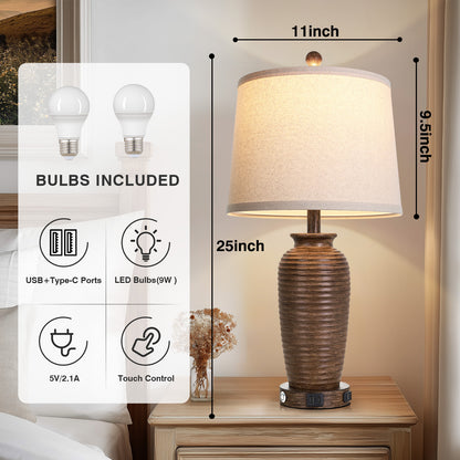 Cinkeda 25" Brown Resin Table Lamps Set of 2, 3-Level Touch Control Bedside Nightstand Lamps with USB & Type-C Ports, AC Outlet for Living Room