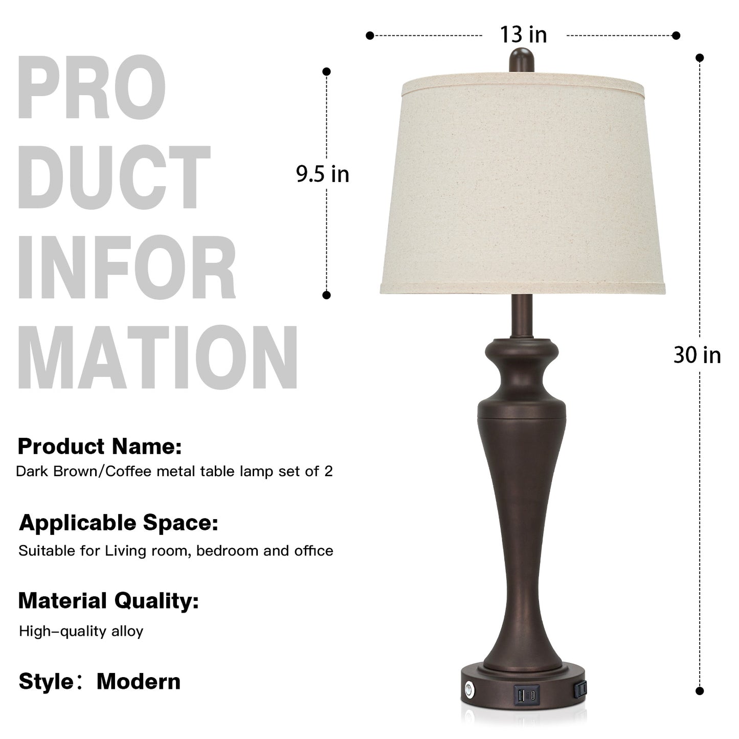 30" Classic Table Lamp, Coffee Base with USB/Type-C & AC Outlet, Linen Shade, E26 Dimmable LED Bulb Included, 3-Way Touch Switch for Bedroom/Living Room(Set of 2)（副本）