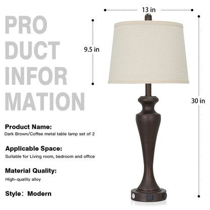 30" Classic Table Lamp, Coffee Base with USB/Type-C & AC Outlet, Linen Shade, E26 Dimmable LED Bulb Included, 3-Way Touch Switch for Bedroom/Living Room(Set of 2)（副本）
