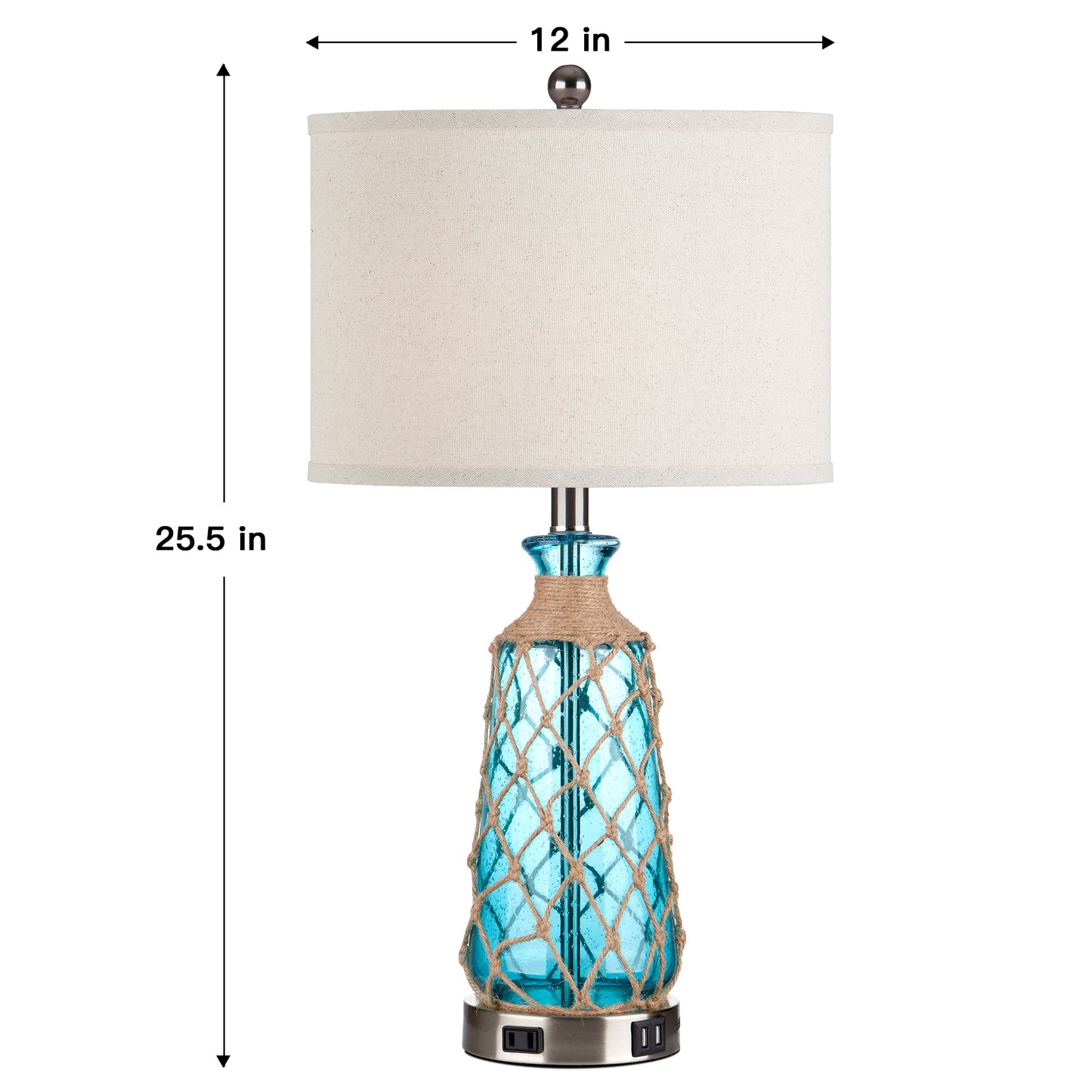 Cinkeda 26" Blue Bubble Glass Table Lamp Set of 2, 3-Level Touch Control Bedside Nightstand Lamps with Dual USB Ports & AC Outlet for Living Room Bedroom