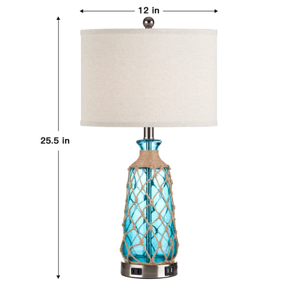 Cinkeda 26" Blue Bubble Glass Table Lamp Set of 2, 3-Level Touch Control Bedside Nightstand Lamps with Dual USB Ports & AC Outlet for Living Room Bedroom