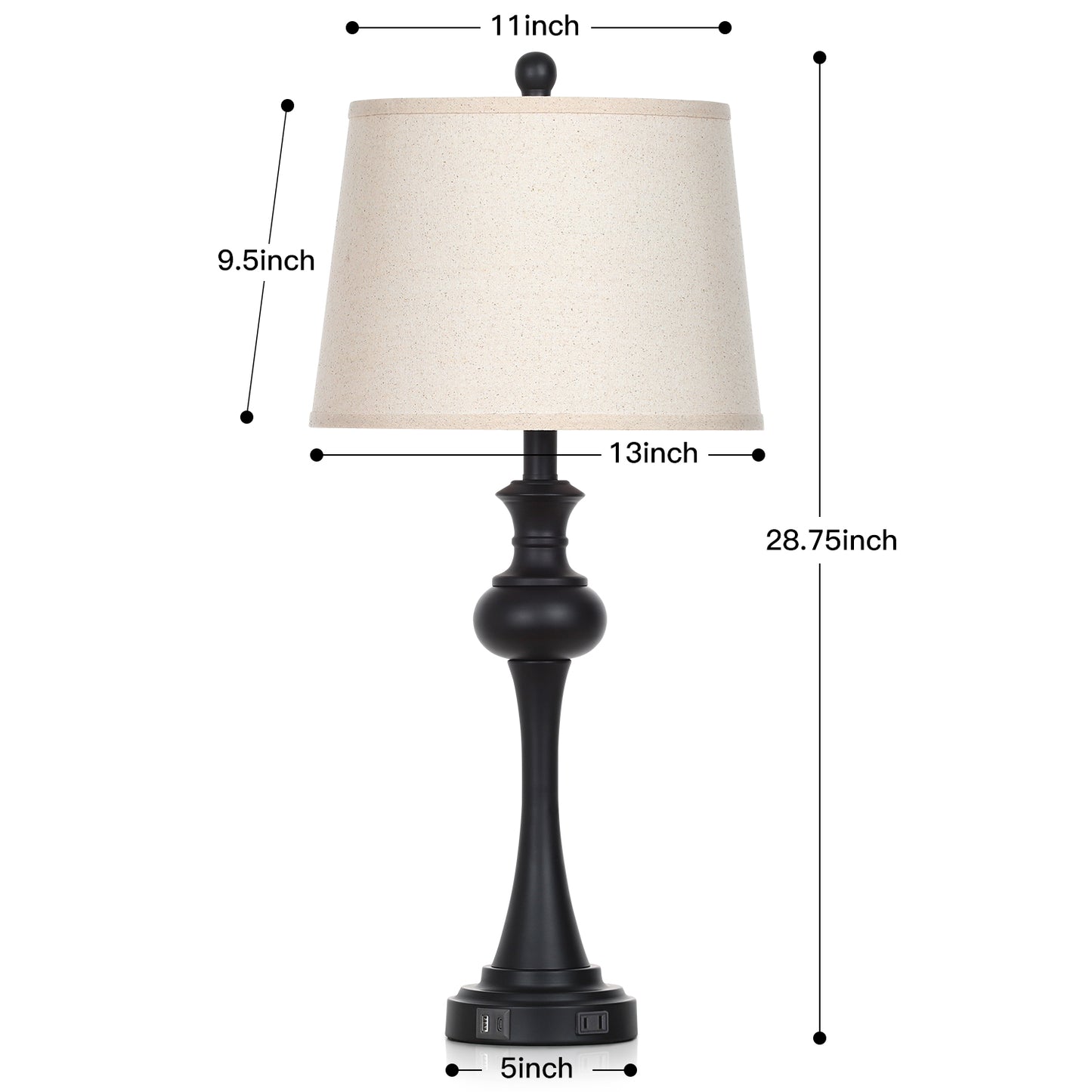 Cinkeda Single Table Lamp for Bedroom Living Room 28.75" Industrial Black 3 Way Dimmable Touch Control Nightstand Bedside Lamp with USB C+A Ports AC Outlet