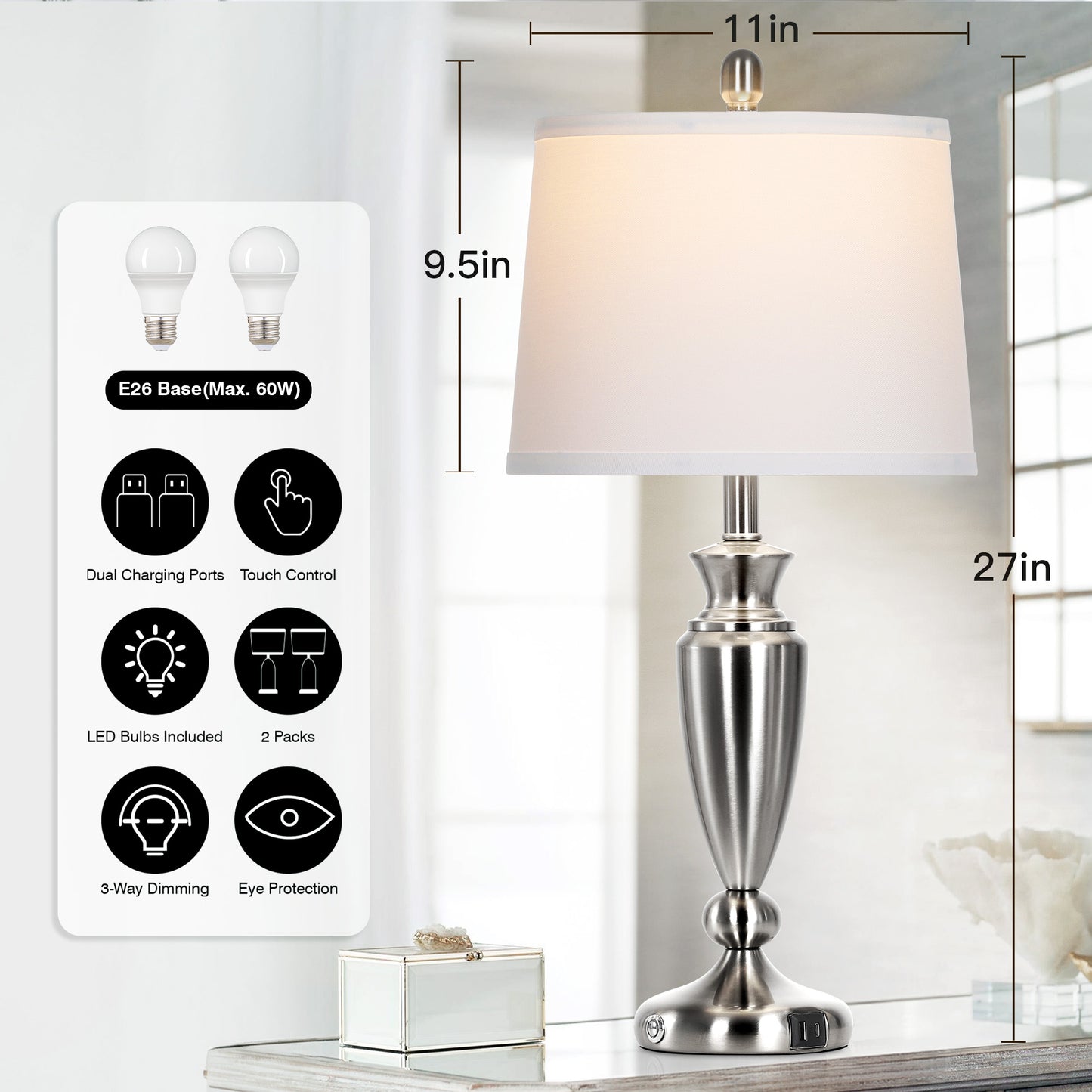 Cinkeda Table Lamps Set of 2 for Bedroom Living Room 27" Tall Silver Industrial Bedside Lamp with USB +C Charging Ports Modern 3-Way Dimmable Touch Control Nightstand Lamp