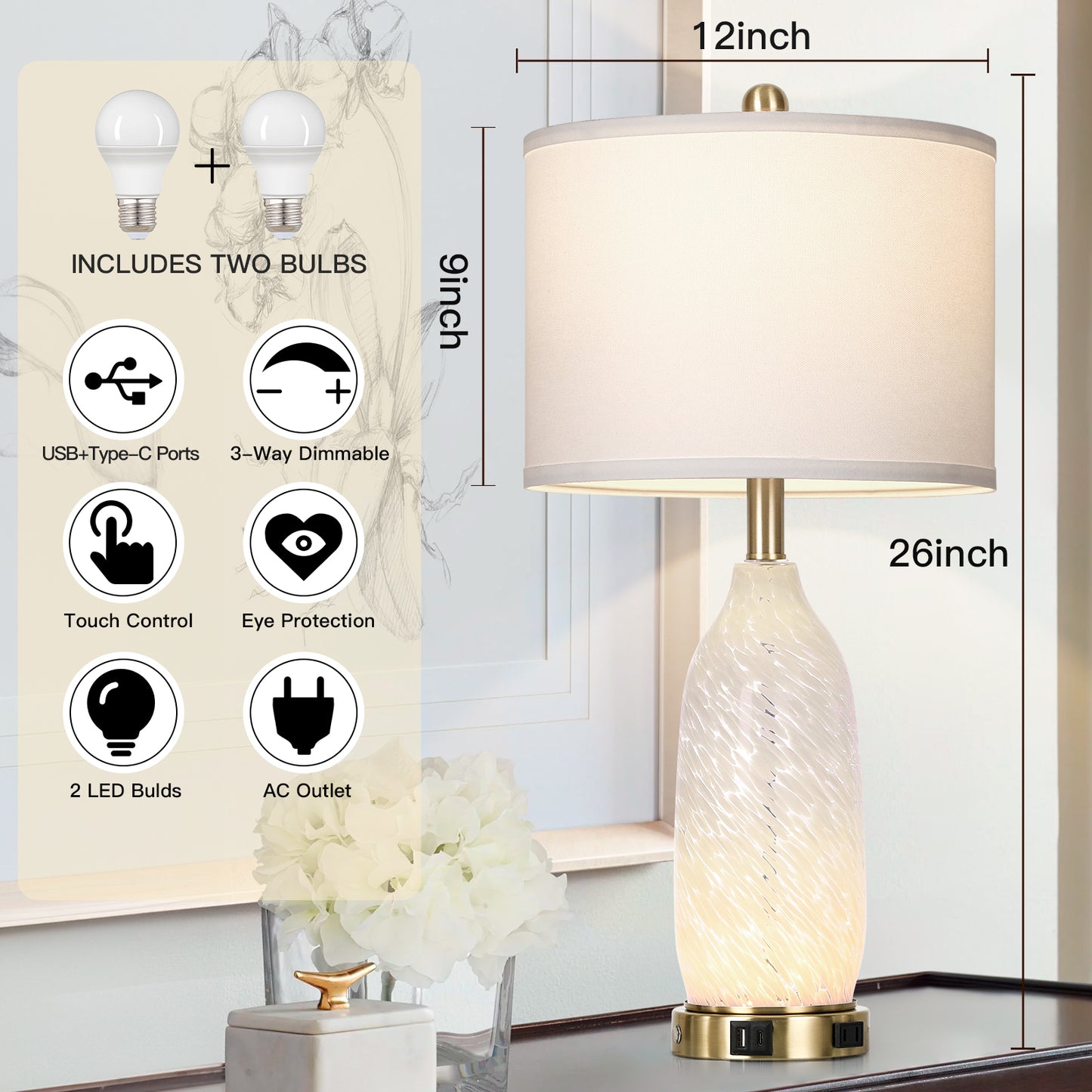 Cinkeda Vintage Style Table Lamps Set of 2 for Living Room Bedroom, 25" Tall with Dual Lights (Knob & Touch), USB-C/A Ports & AC Outlet, White Shade