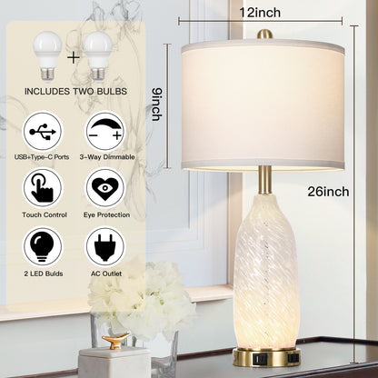 Cinkeda Vintage Style Table Lamps Set of 2 for Living Room Bedroom, 25" Tall with Dual Lights (Knob & Touch), USB-C/A Ports & AC Outlet, White Shade