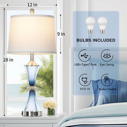 Cinkeda 27" Blue Gradient Glass Table Lamps Set of 2 with USB-C/A Ports & AC Outlet,Coastal Lamp for Night Stands Bedroom Living Room