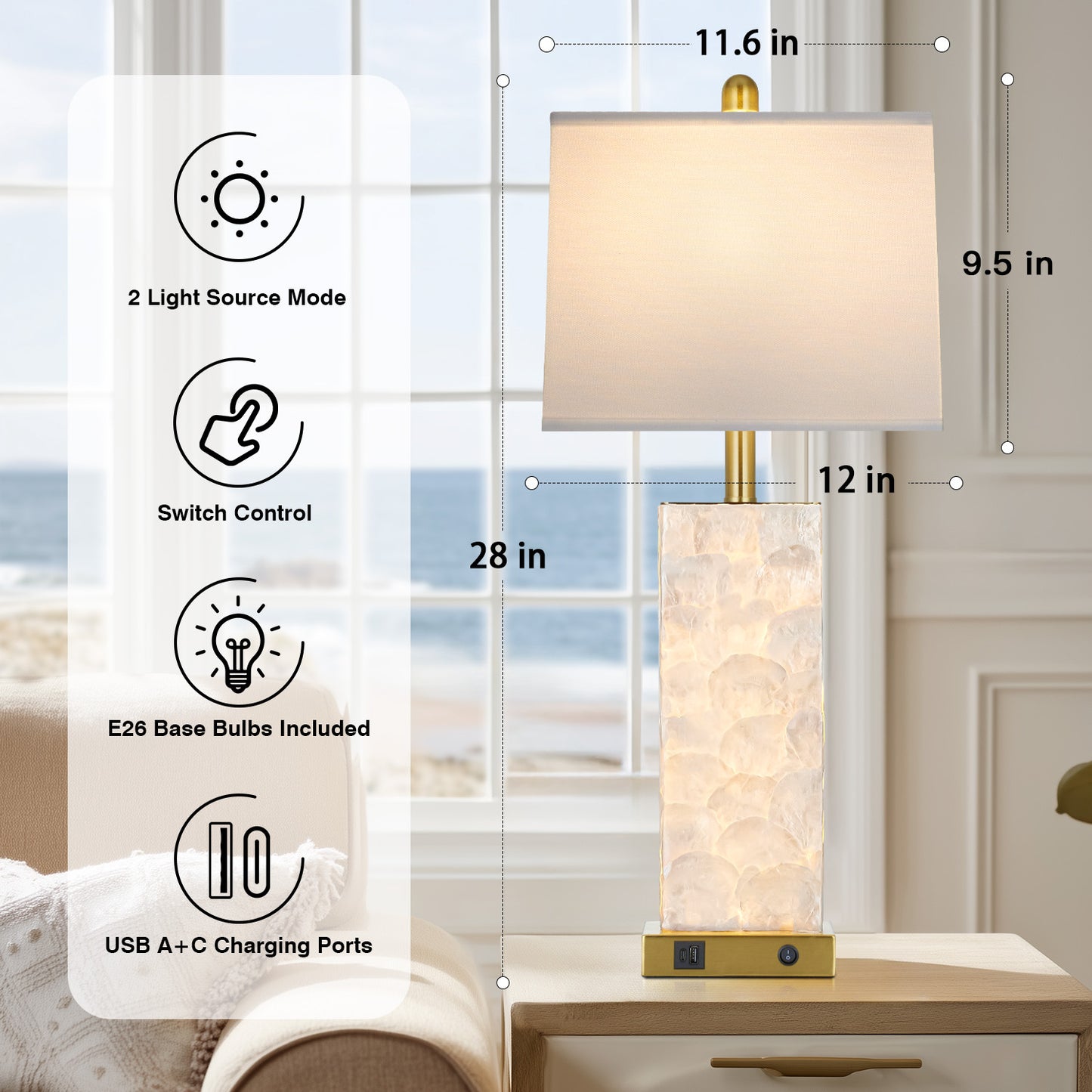 Cinkeda 28" Gold Table Lamp Set of 2, Coastal Seashell Bedside Nightstand Lamps with USB A+C Ports & Night Light for Living Room Bedroom