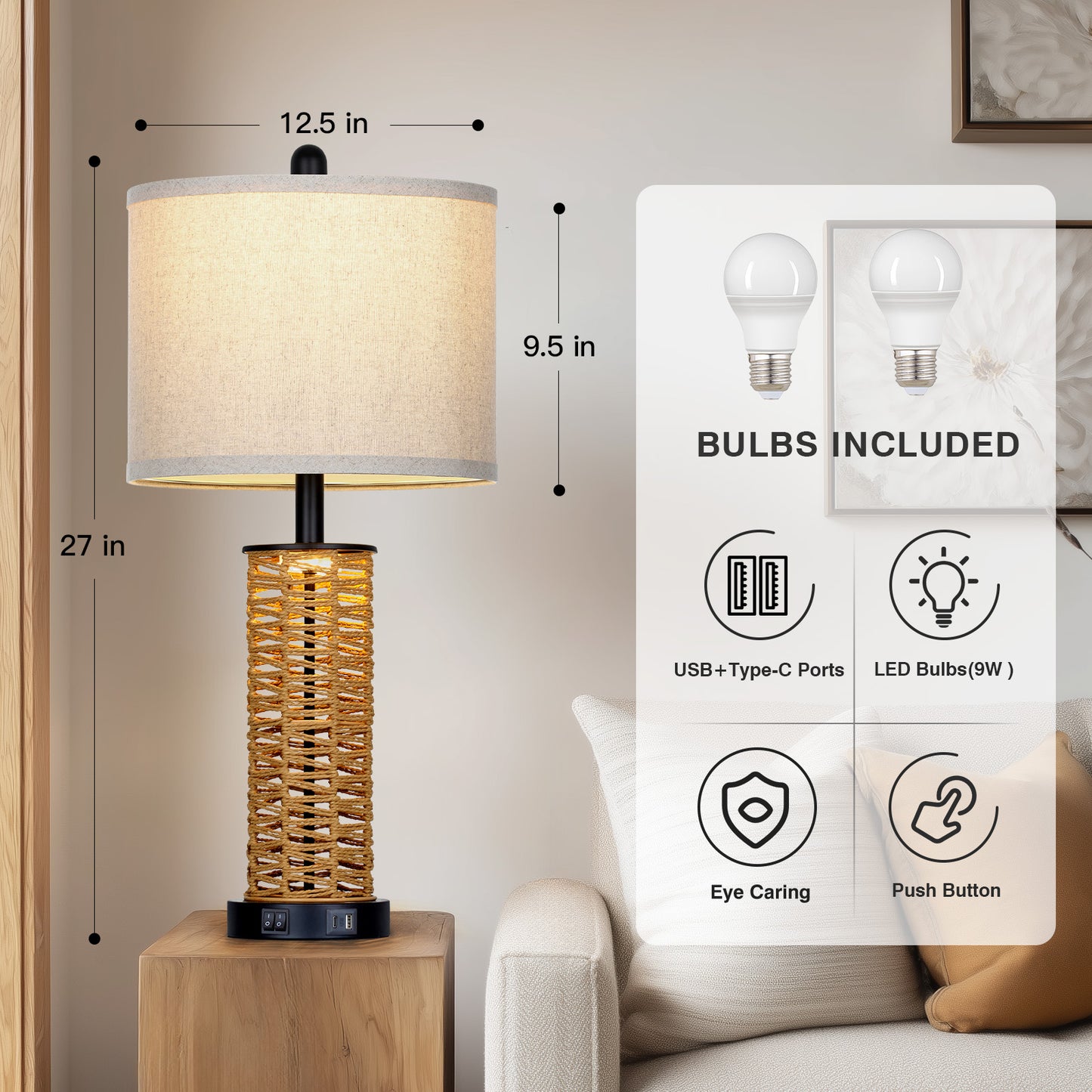 Cinkeda 27" Rattan Woven Table Lamps Set of 2, Boho Bedside Lamp with Dual Rocker Switches & Night Light, USB A+C Ports & Black Finish for Farmhouse Bedroom Living Room