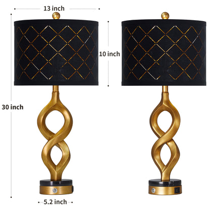 Cinkeda Modern Table Lamp Set of 2 with USB A+C Ports for Bedroom Living Room,Resin Nightstand 3-Way Dimmable Touch Bedside Lamp