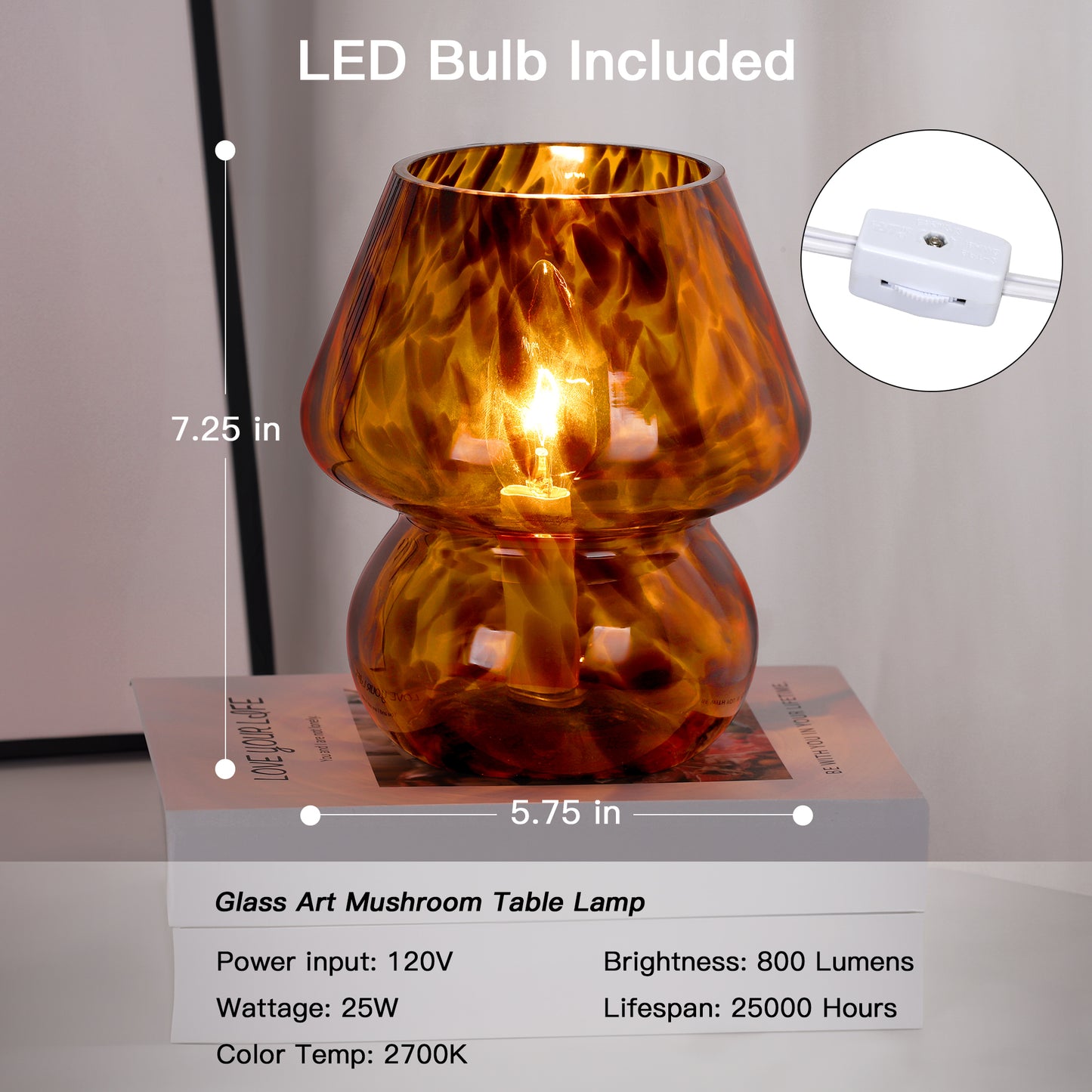 Brown Leopard-Printed All-Glass Table Lamp Featuring an Inline Switch