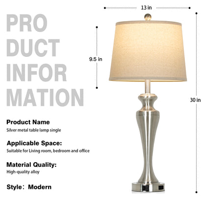 30" Classic Table Lamp, Silver Base with USB/Type-C & AC Outlet, Linen Shade, E26 Dimmable LED Bulb Included, 3-Way Touch Switch for Bedroom/Living Room(Set of 2)