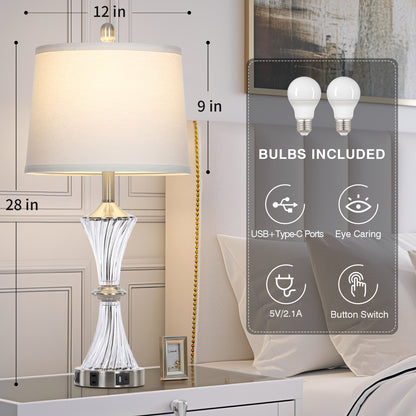 Cinkeda 27" Clear Glass Table Lamps Set of 2 with USB-C/A Ports & AC Outlet, Silver Nickel Finish Nightstand Lamps for Bedroom Living Room, LED Bulbs Included